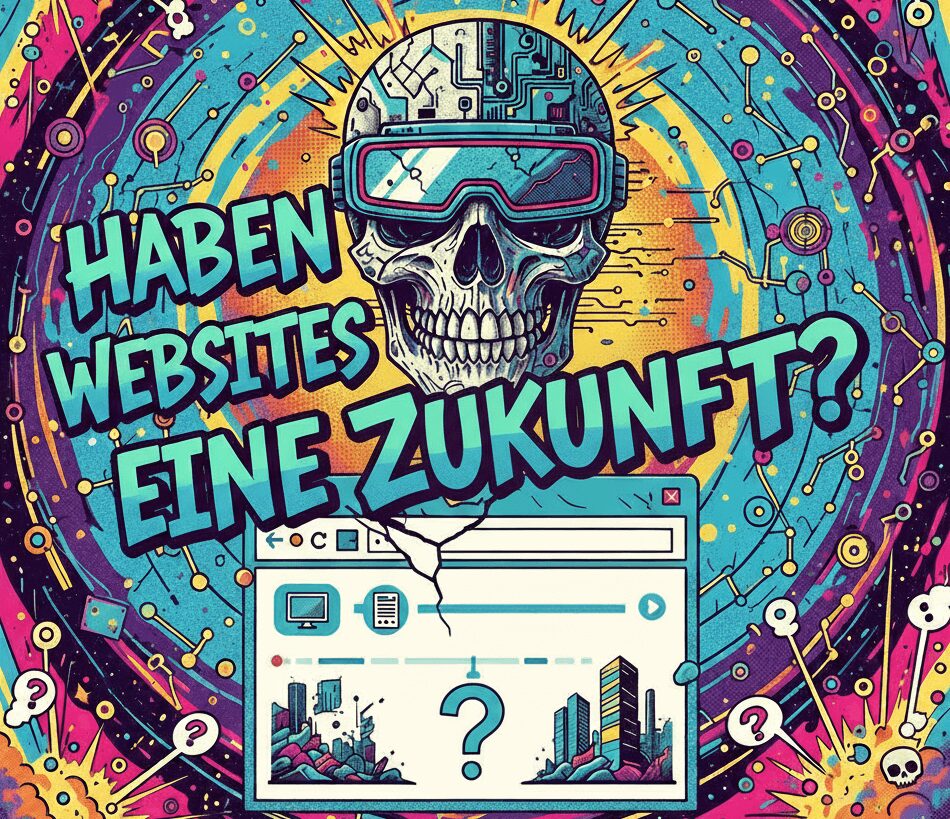 Titelbild mit einer Website und einem Totenkopf mit der Frage, haben Websites eine Zukunft